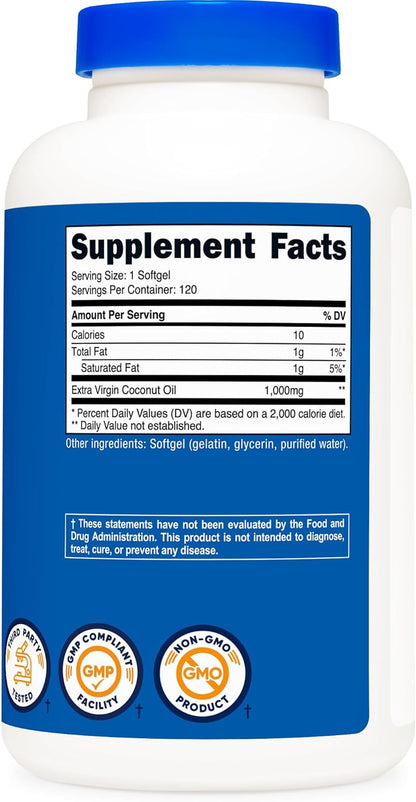 Aceite de coco en capsulas | 120 Capsulas blandas de 1000 mg | Nutricost