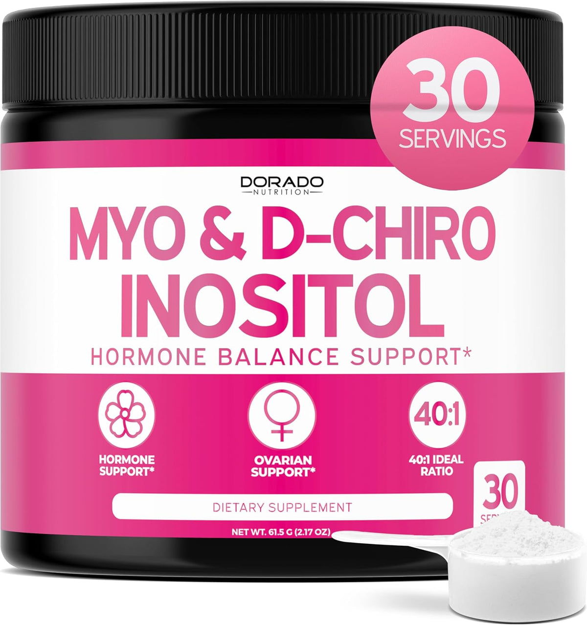 Suplemento de Myo & D-Chiro Inositol en Polvo - 30 Servicios de 2050mg, 40:1, Dorado Nutrition