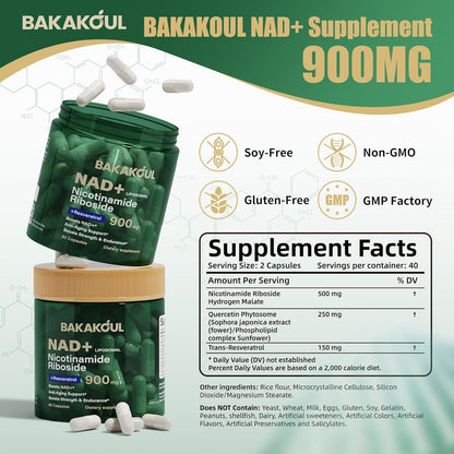 Suplemento de NAD con Resveratrol, Ribosida de nicotinamida liposomal | 80 Capsulas de 900 mg | Bakakoul
