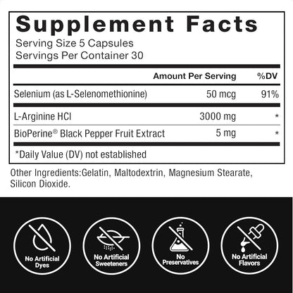 Force Factor, L-arginina y óxido nítrico con BioPerine, 3000mg por servicio, 150 Capsulas