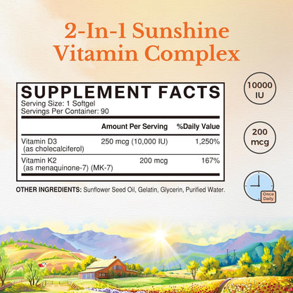 Vitalitown, Vitamina D3 10000 IU y Vitamina K2 (MK7) 200 mcg, 90 Capsulas