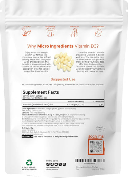 Micro ingredients, Vitamina D3 de 5000IU por servicio, 500 capsulas softgel
