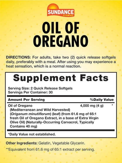 Sundance Vitamins, Aceite de oregano de 4000 mg, 60 Capsulas Softgel
