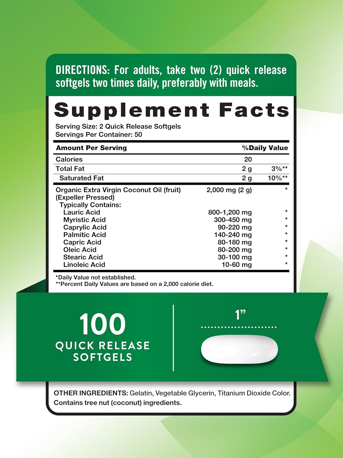 Nature's Truth, Capsulas de aceite de coco extra virgen, 2000 mg por servicio, 100 Capsulas