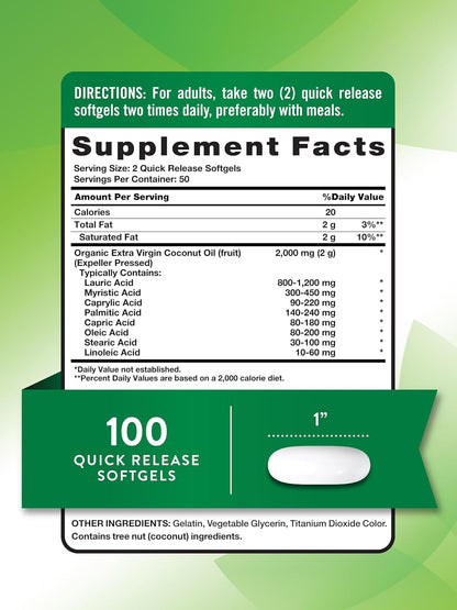 Nature's Truth, Capsulas de aceite de coco extra virgen, 2000 mg por servicio, 100 Capsulas