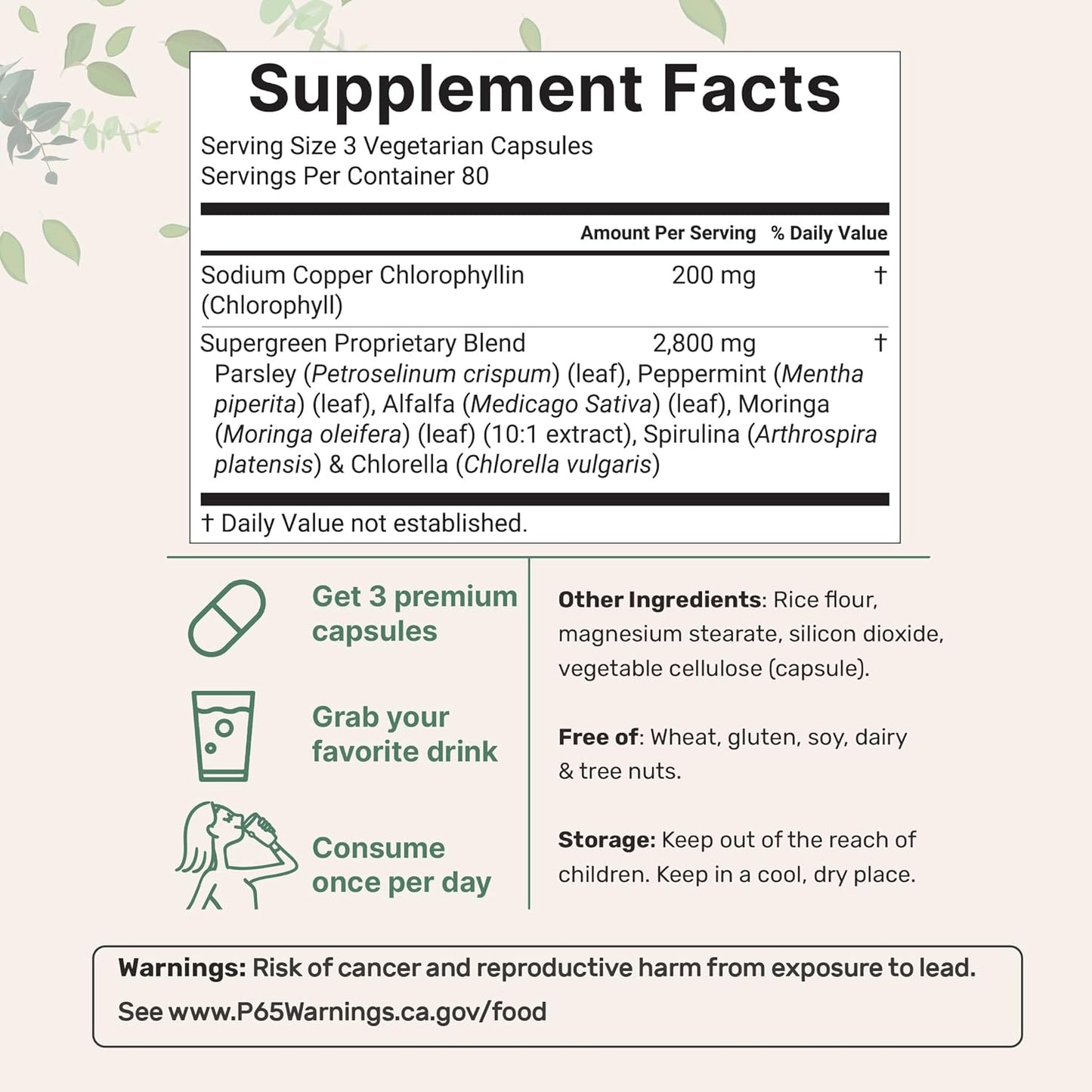 Micro Ingredients, Clorofila con perejil, moringa y espirulina, 240 Capsulas de 3000 mg