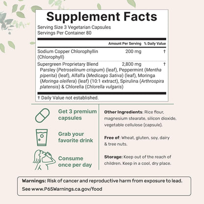 Micro Ingredients, Clorofila con perejil, moringa y espirulina, 240 Capsulas de 3000 mg