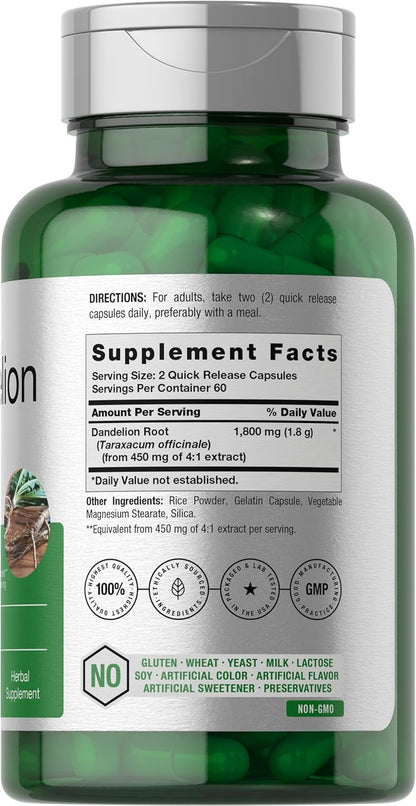 Raiz de Diente de león | 120 Capsulas de 1800 mg | Ideal para la salud del hígado y la retención de líquidos