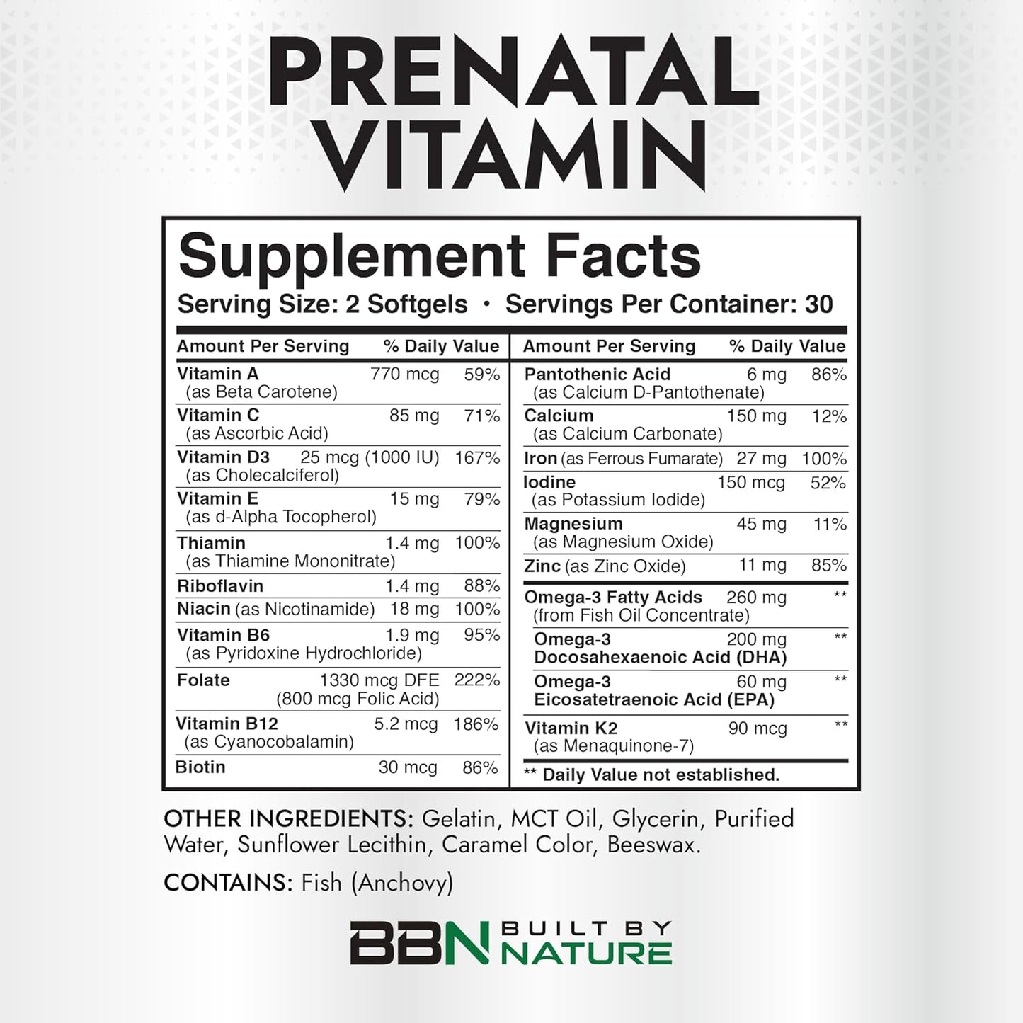 Vitaminas prenatales para mujeres | 60 capsulas blandas con DHA, hierro y acido folico | Built by Nature