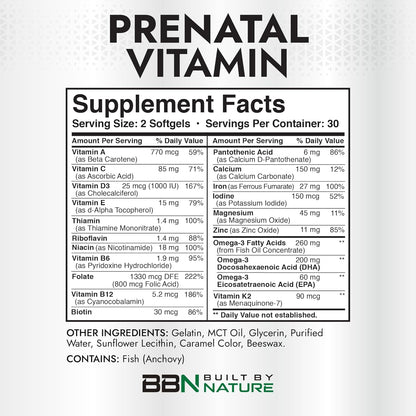 Vitaminas prenatales para mujeres | 60 capsulas blandas con DHA, hierro y acido folico | Built by Nature