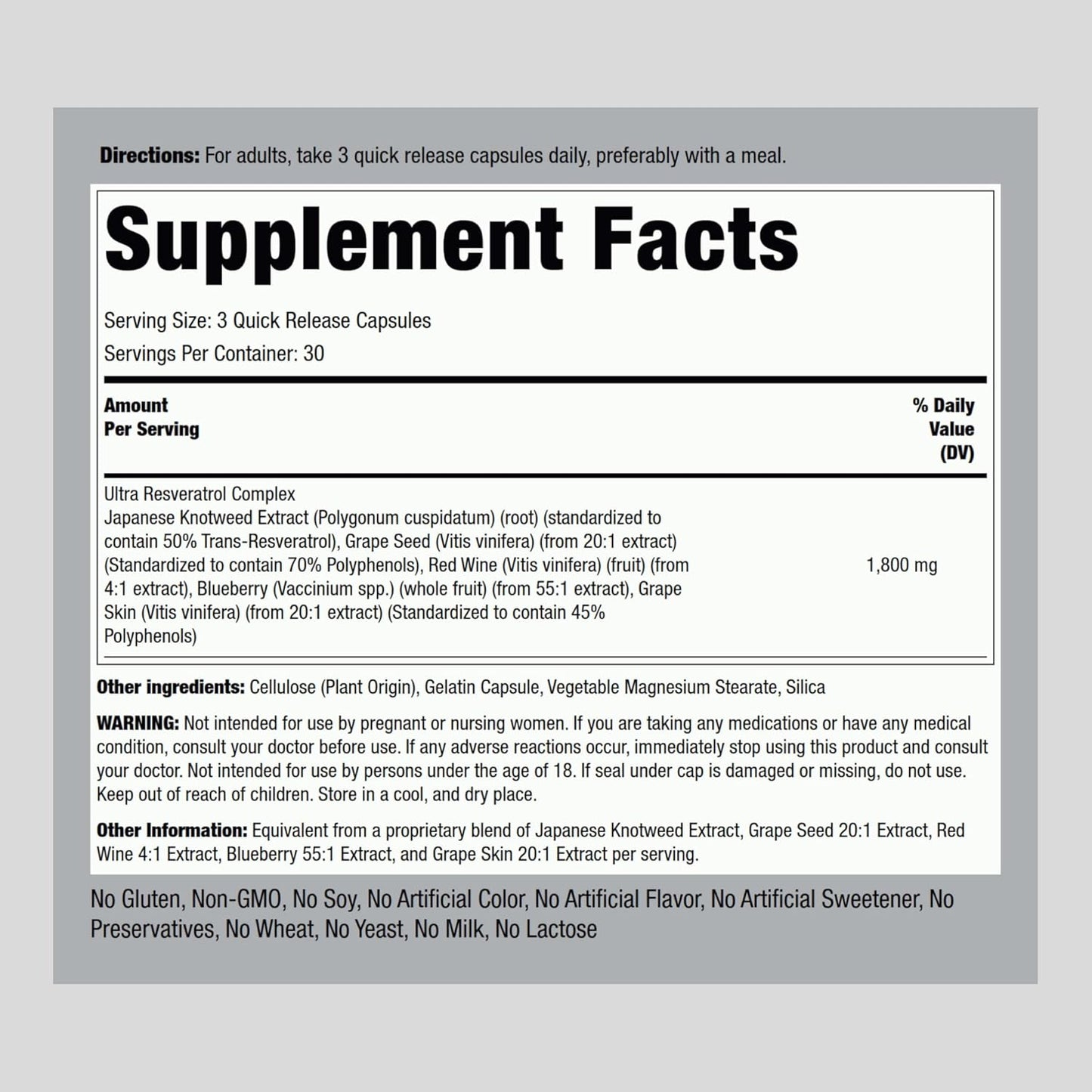 Complejo de resveratrol | 90 capsulas de 1800 mg | Piping Rock