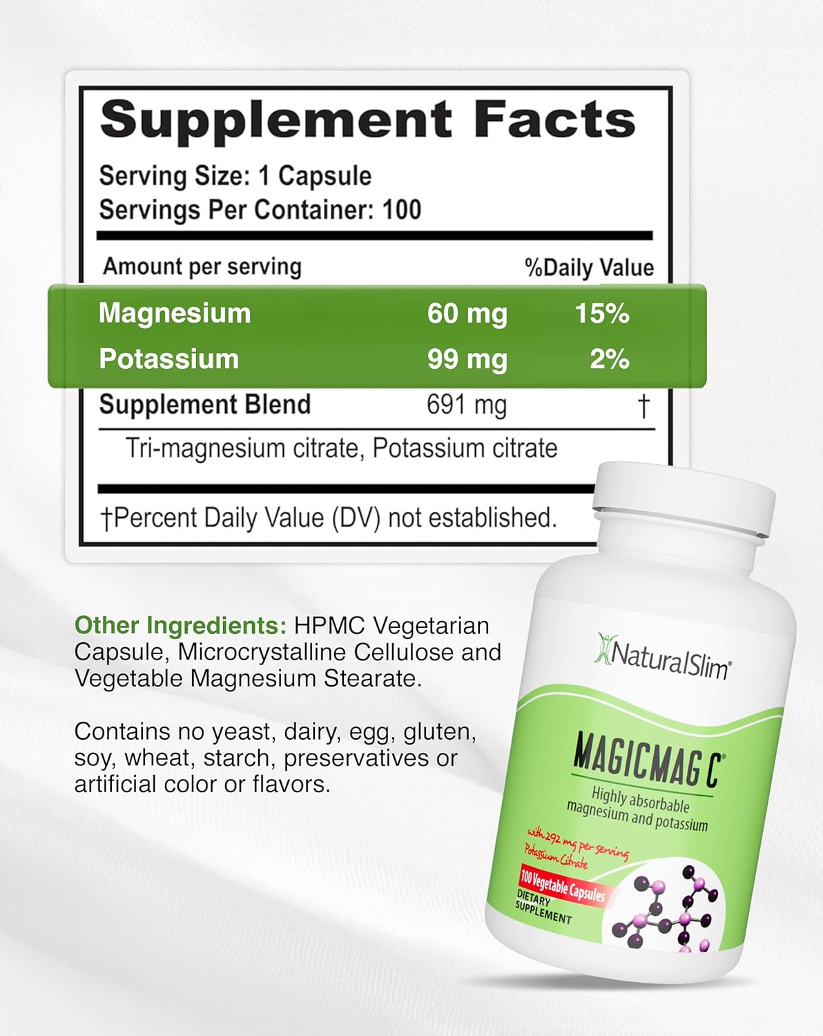 Naturalslim, Magicmag C, Contiene citrato de magnesio y citrato de potasio, 100 capsulas