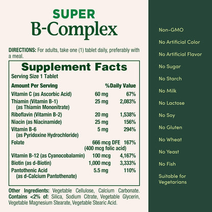 Nature's Bounty, Super Complejo B con Vitamina c y Acido folico, 150 Tabletas de rapida absorción