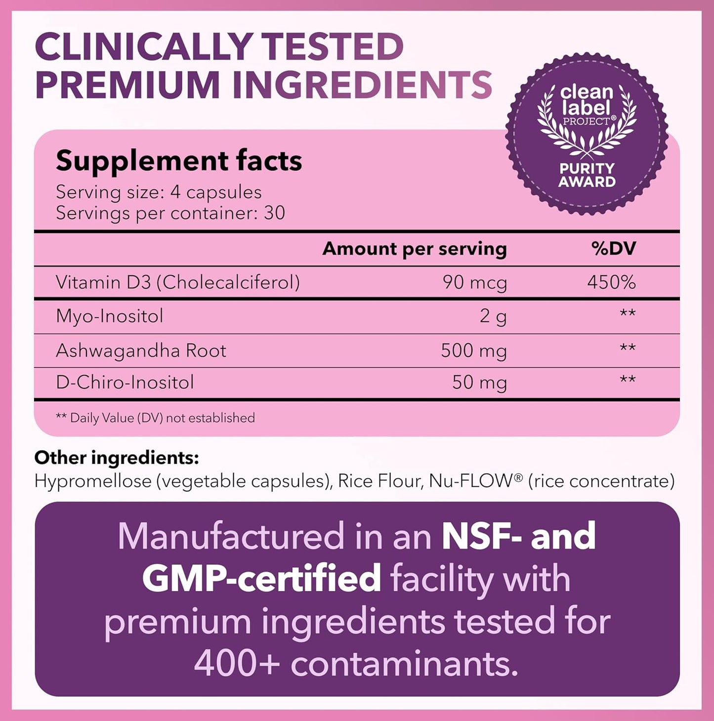 Myo & D-chiro inositol con ashwagandha y vitamina D3 120 capsulas de 2000 mg Intimate Rose