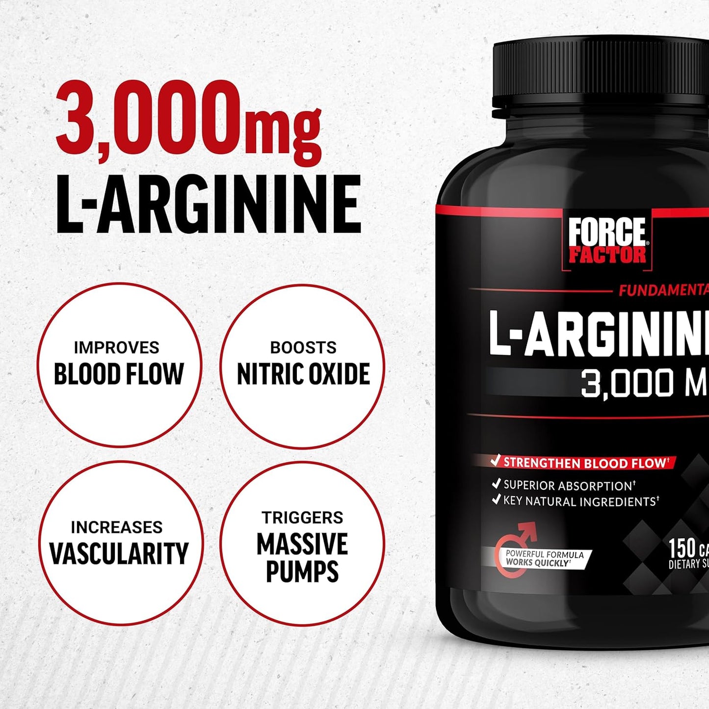 Force Factor, L-arginina y óxido nítrico con BioPerine, 3000mg por servicio, 150 Capsulas