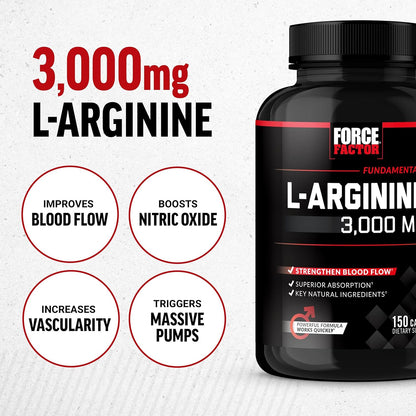 Force Factor, L-arginina y óxido nítrico con BioPerine, 3000mg por servicio, 150 Capsulas