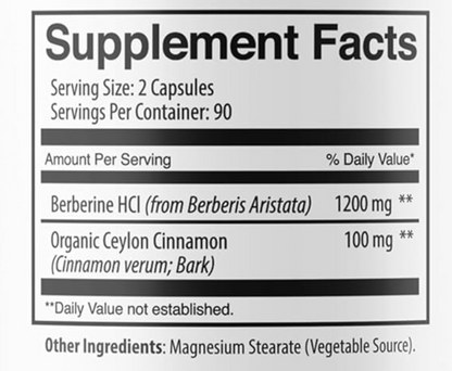 Berberina con canela de Ceilán, 1300mg por servicio, 60 Capsulas
